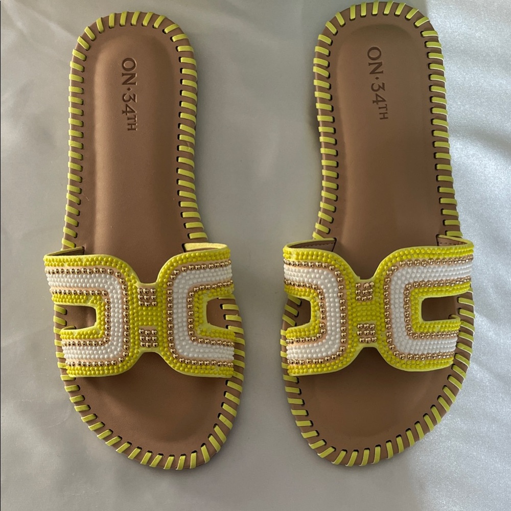 Yellow, White and Gold Beaded Slide Sandals